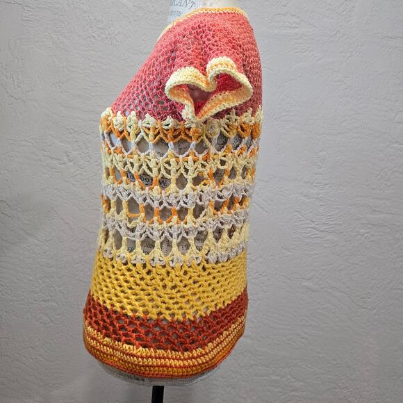 Handmade Crochet Multicolor Granny Square Knit Short Sleeve Shirt - Picture 2 of 10